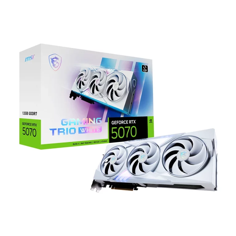 MSI RTX 5070 GAMING TRIO OC თეთრი – 12GB GDDR7, ორმაგი სამვენტილატორიანი გრაფიკული პროცესორი