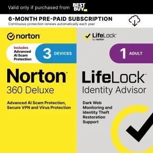 Norton 360 (3 მოწყობილობა) + VPN LifeLock Identity Advisor-ით (1 ზრდასრული) ინტერნეტ უსაფრთხოება + თაღლითობისგან დაცვა
