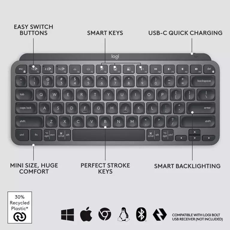 Logitech MX Keys Mini Wireless Keyboard Metal Build - Graphite